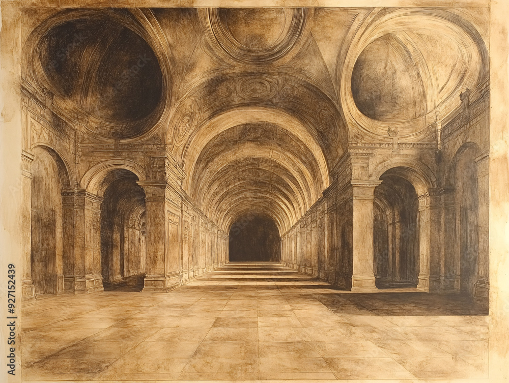 Fototapeta premium detailed sketch of a grandiose cathedral entrance, featuring a large archway and intricate carvings.