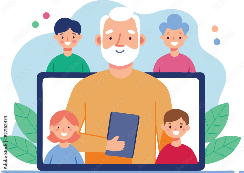 An elderly man shares knowledge with his grandchildren during a video call, featuring a warm and friendly atmosphere. An elderly man shares knowledge with his grandchildren during a video call, featuring a warm and friendly atmosphere.
