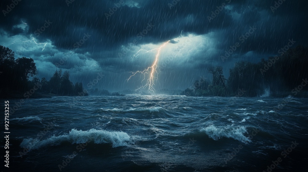 Intense Thunderstorm Over Lake with Large Waves and Striking Lightning Bolts Amid Heavy Rain, Capturing the Power of Nature in a Hyperrealistic Scene with Dark Skies and Turbulent Waters. Intense Thunderstorm Over Lake with Large Waves and Striking Lightning Bolts Amid Heavy Rain, Capturing the Power of Nature in a Hyperrealistic Scene with Dark Skies and Turbulent Waters.