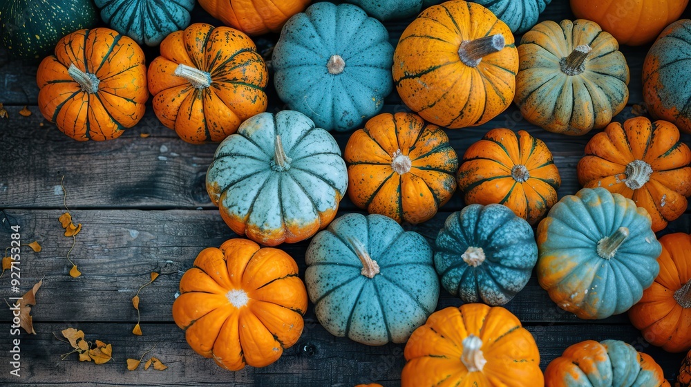 many small pumpkins, some orange and some blue. They are on a wooden surface. many small pumpkins, some orange and some blue. They are on a wooden surface.