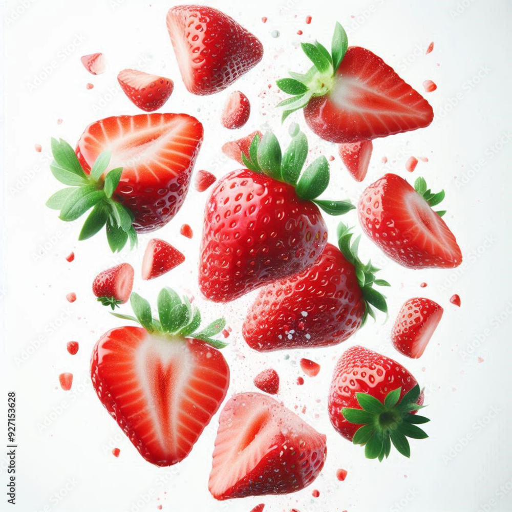 fresh strawberry pieces falling from above or floating in the air. fresh strawberry pieces falling from above or floating in the air.