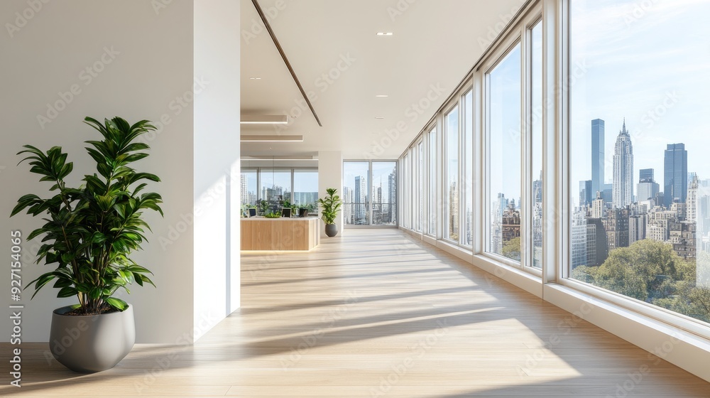 Bright and airy office interior with large windows and city views Bright and airy office interior with large windows and city views