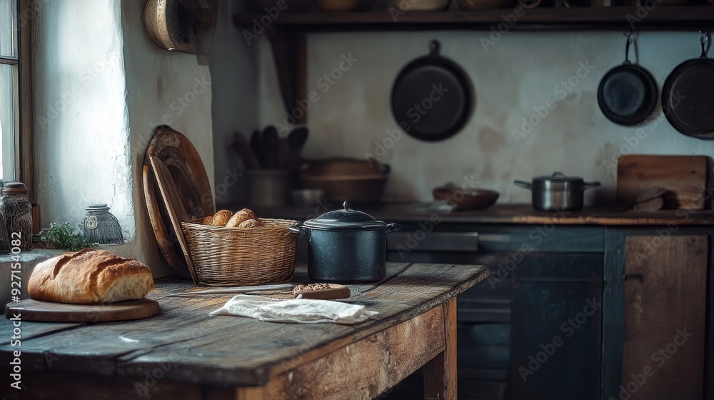 Cozy Kitchen: Rustic Table, Fresh Bread, & Soup Simmering Cozy Kitchen: Rustic Table, Fresh Bread, & Soup Simmering