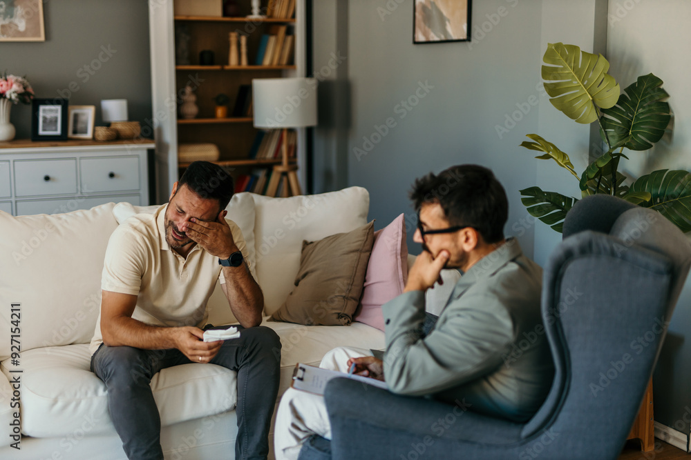 Fototapeta premium Mid aged frustrated man solving his mental problems while having a therapy session with a psychologist