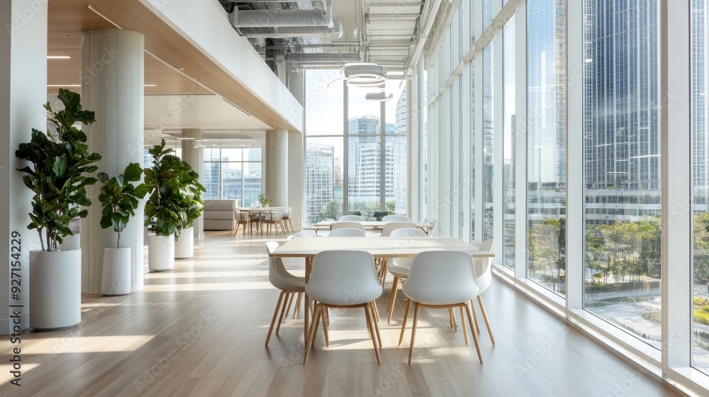 Bright and airy office interior with large windows and city views Bright and airy office interior with large windows and city views