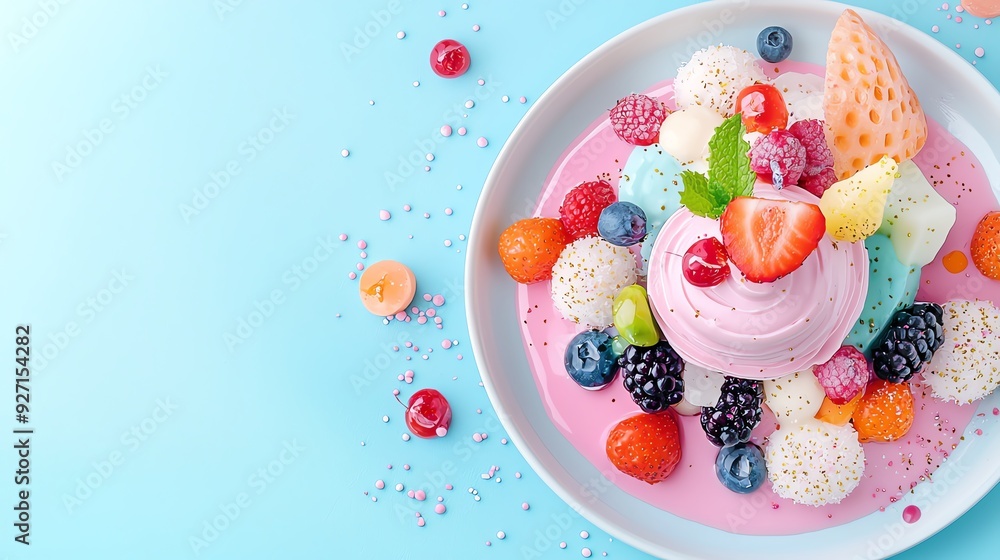 Obraz premium A vibrant dessert with colorful fruits, creamy ice cream, and a beautiful presentation on a pastel blue background.