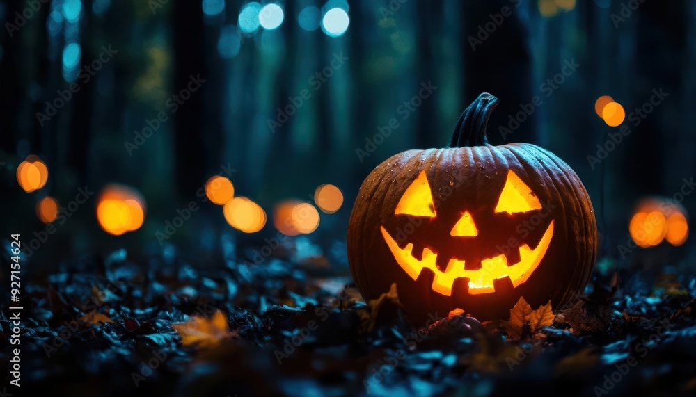 Naklejka premium Spooky Jack-o'-lantern in a dark forest with glowing eyes.