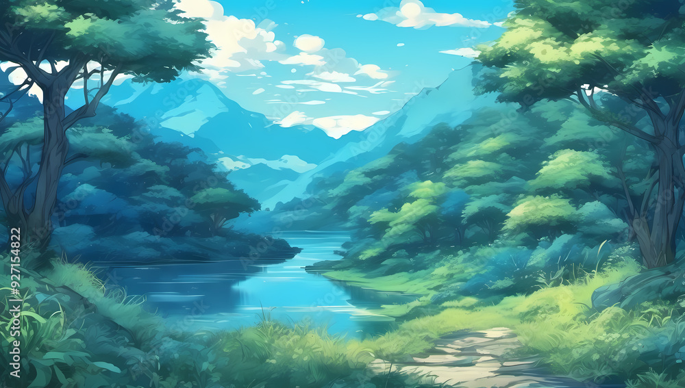 Fantasy anime forest lake trees woods cartoon blue sky Fantasy anime forest lake trees woods cartoon blue sky