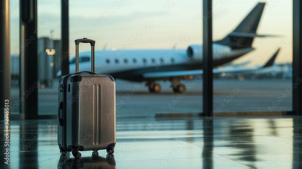 A suitcase is in an airport terminal with an airplane behind it