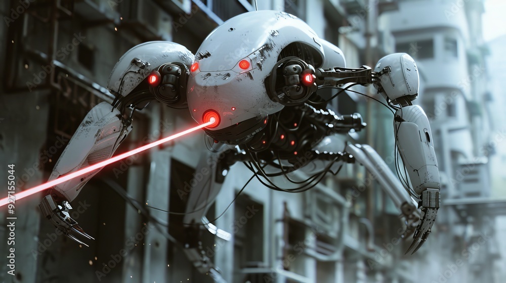 Fototapeta premium Advanced Laser Cleaning Human Assistance Robot Flying and Cleaning Dirty Surfaces with Precision Laser Beam