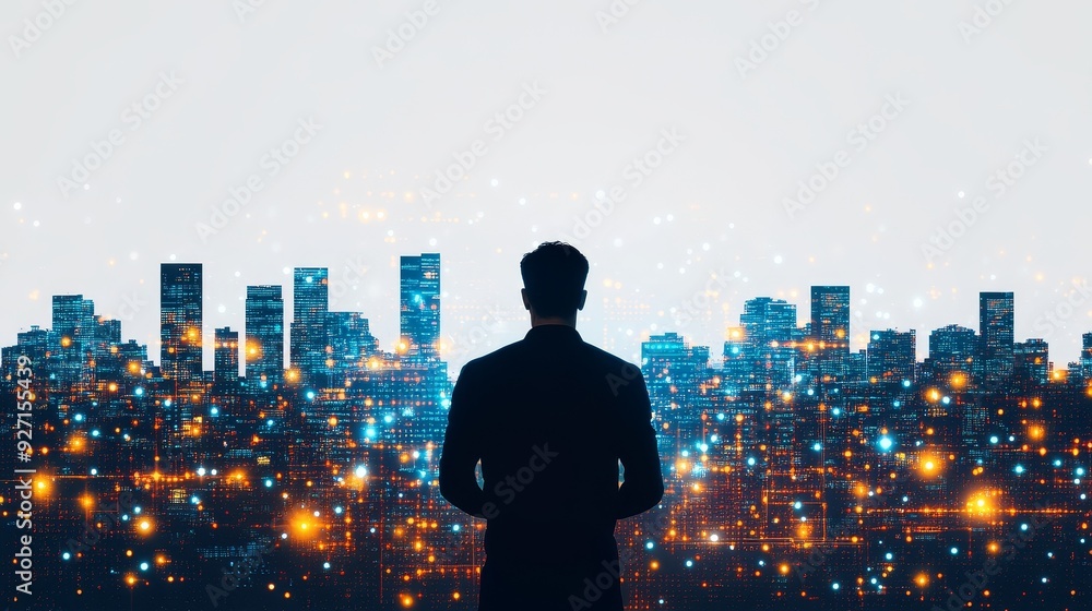 The smart city scene showcases a digitally connected network, where a man interacts with urban infrastructure using his phone, symbolizing the seamless integration of technology and urban life. The smart city scene showcases a digitally connected network, where a man interacts with urban infrastructure using his phone, symbolizing the seamless integration of technology and urban life.