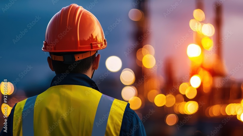 Construction worker wearing hard hat and safety vest at a refinery. Construction worker wearing hard hat and safety vest at a refinery.
