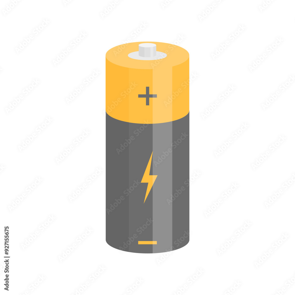 Battery in yellow-black color in cartoon style on a white background. Standard battery Battery in yellow-black color in cartoon style on a white background. Standard battery