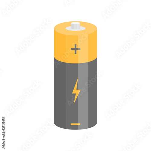 Battery in yellow-black color in cartoon style on a white background. Standard battery
