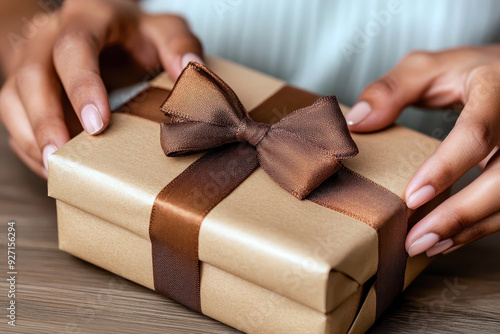 Festive gift with copper ribbon held by hands photo