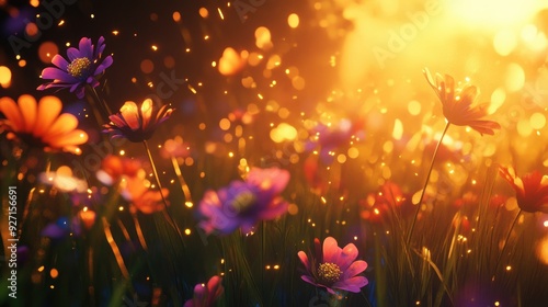 A dynamic 3D abstract design with colorful flowers swaying in the grass, illuminated by warm, golden sunlight