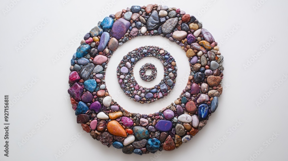 A dynamic spiral of tiny stones, beautifully arranged to create an intricate pattern on a simple white background A dynamic spiral of tiny stones, beautifully arranged to create an intricate pattern on a simple white background