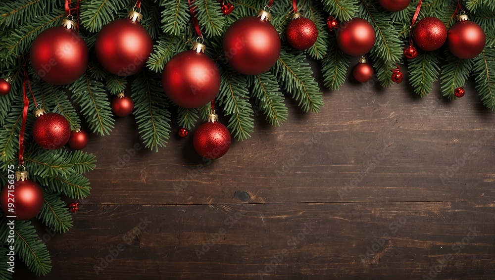 Fir tree branches with red christmas balls frame Fir tree branches with red christmas balls frame
