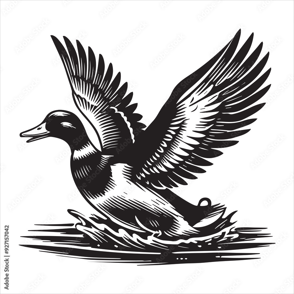 Fototapeta premium Mallard Silhouette, Wild Duck Clipart, mallard Flapping wings while floating illustration in black and white