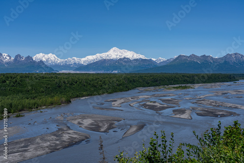 The Chulitna River is a 110 km long right tributary of the Susitna River in southern part of interior Alaska. Braided river / Braid bars, or mid-channel bars. Denali Viewpoint South	
 photo