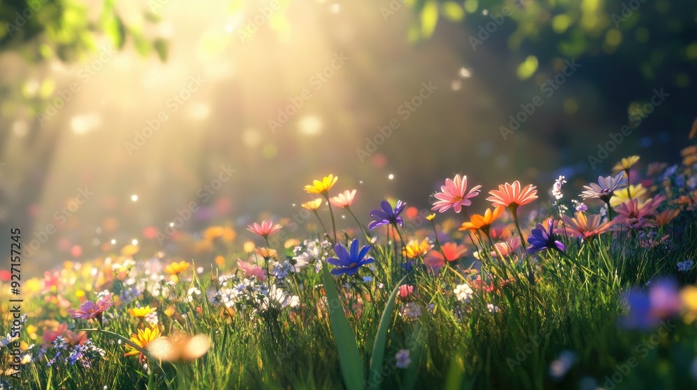 Obraz premium A vibrant 3D render of a grassy meadow filled with bright flowers, glowing under the soft rays of sunshine