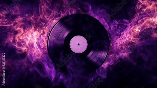 A purple record is surrounded by swirling flames and smoke photo