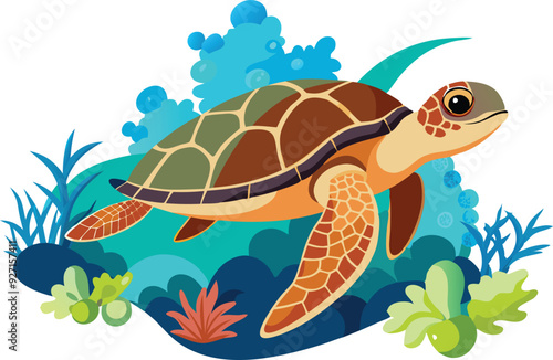 A sea turtle gracefully swims through colorful underwater flora and bubbles in a lively ocean setting.