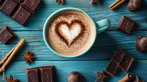 Cup of hot tasty coffee with coffe beabs, cinnamon and chocolate in the background, top down view. Heart shaped decor on the coffee.  photo