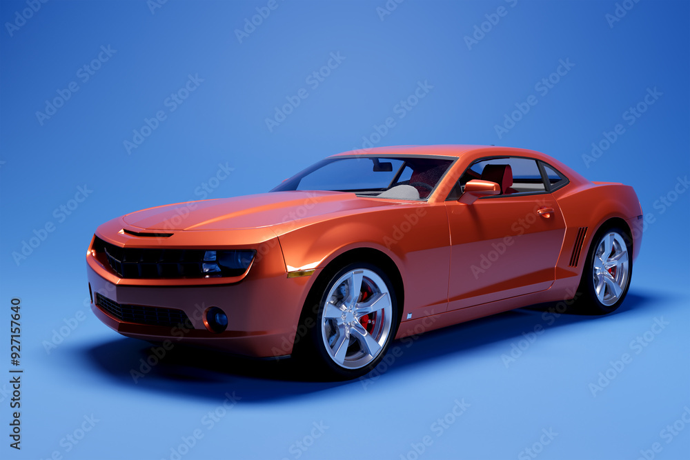 Naklejka premium Orange sport car on blue background, high quality 3D image.