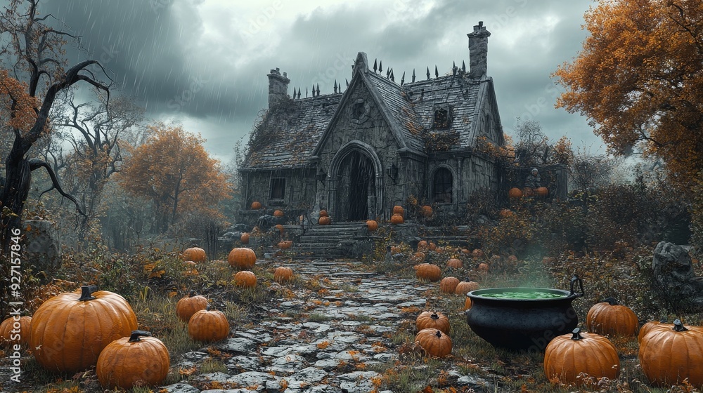 Haunted House Raining Background The eerie haunted house is surrounded by pumpkins, the sky is raining ...