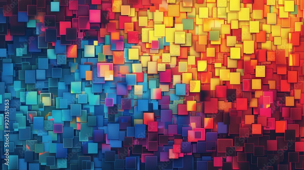 A vibrant digital background features a chaotic pattern of colorful, overlapping squares, transitioning from dark blue and purple tones on the left to bright red, orange, and yellow on the right. The A vibrant digital background features a chaotic pattern of colorful, overlapping squares, transitioning from dark blue and purple tones on the left to bright red, orange, and yellow on the right. The