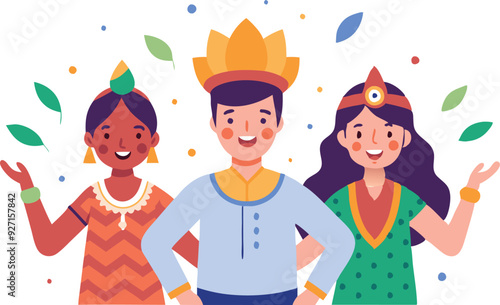 Three individuals wearing traditional clothing express happiness while participating in a vibrant cultural celebration.