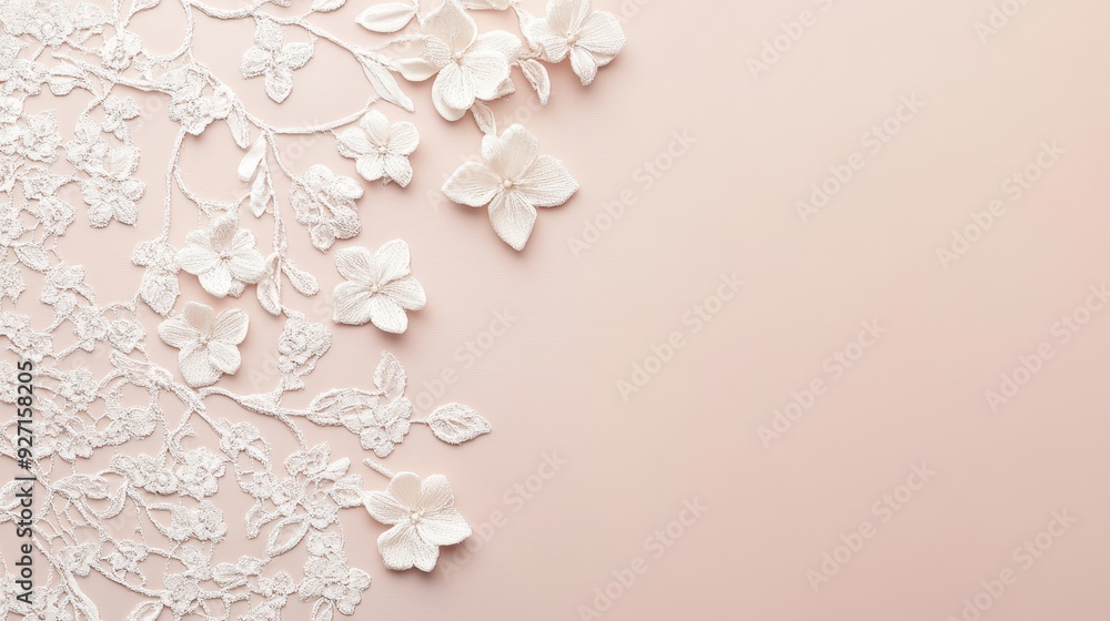 A delicate arrangement of white floral lace against a soft pink background. A delicate arrangement of white floral lace against a soft pink background.