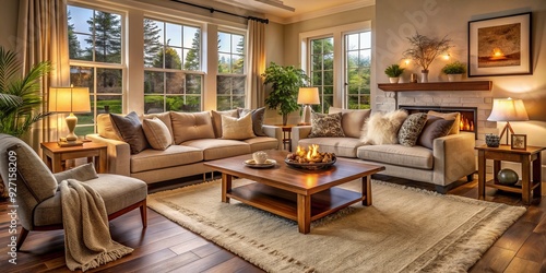 Wallpaper Mural Cozy Family Living Room: warm, inviting, comfortable, soft lighting, plush textures, neutral colors Torontodigital.ca