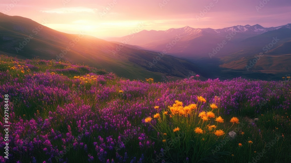 Obraz premium Aerial view of a mountain landscape at sunset, with fields of purple and yellow wildflowers glowing in the soft evening light