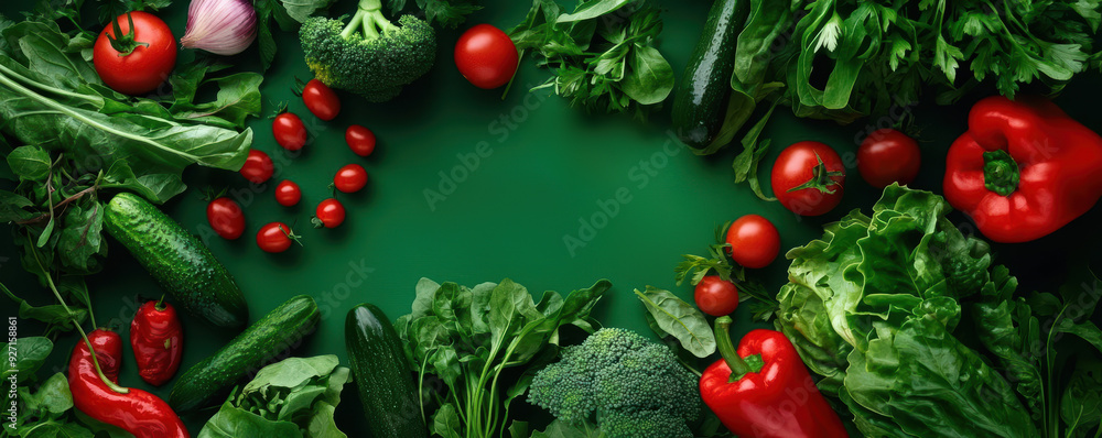 Fresh green vegetables arranged around a blank green space, ideal for a healthy food or cooking concept. Fresh green vegetables arranged around a blank green space, ideal for a healthy food or cooking concept.