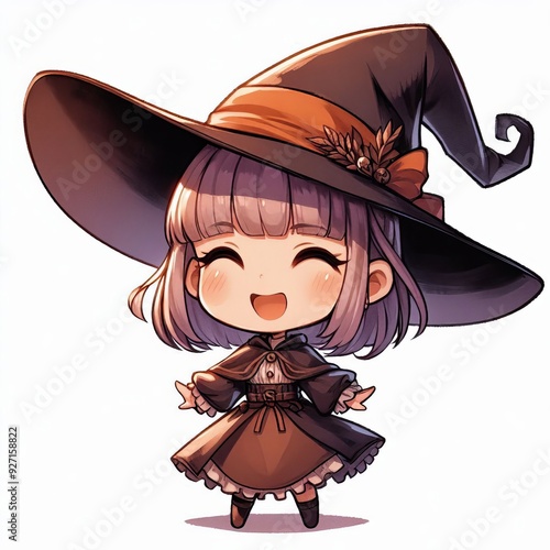 full body happy witch girl in a wide-brimmed hat chibi style character