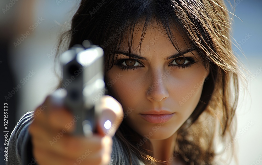Determined Woman Holding Handgun in Focused Stance with Blurred Background Determined Woman Holding Handgun in Focused Stance with Blurred Background