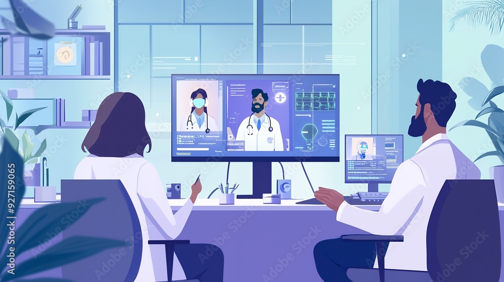 Two doctors in white coats are sitting at a desk with a computer and a monitor displaying video calls with other doctors. Two doctors in white coats are sitting at a desk with a computer and a monitor displaying video calls with other doctors.