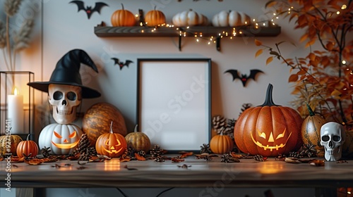 A Happy Halloween holiday concept depicted through a picture frame mockup with witch hats, pumpkins, skulls, wine glasses, and bats on a table in a Nordic home interior. photo