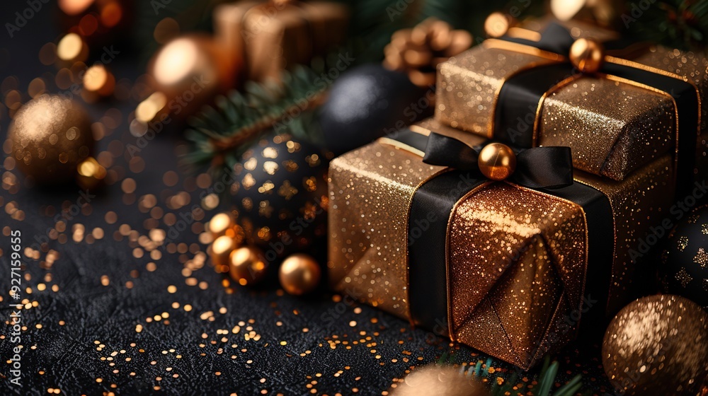A chic Christmas background in black with gift boxes, golden and black balls, and confetti, presenting a luxury Xmas banner mockup and New Year greeting card template. A chic Christmas background in black with gift boxes, golden and black balls, and confetti, presenting a luxury Xmas banner mockup and New Year greeting card template.