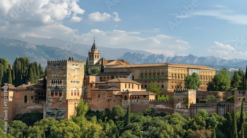A view of the Alhambra Palace and the Generalife Gardens in Granada, Spain, on a sunny day. The buildings are surrounded by lush green trees, and mountains can be seen in the distance.