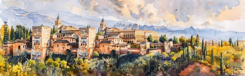 A watercolor painting depicting the Alhambra Palace in Granada, Spain, set against a backdrop of mountains. Lush greenery fills the foreground, with the palace and its towers dominating the scene. The
