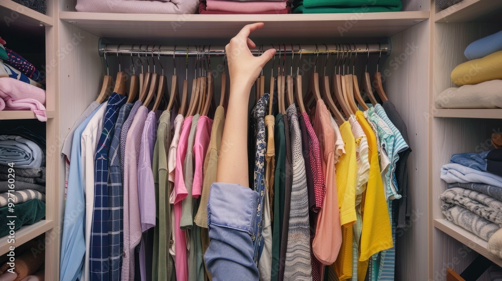 The female hand arranges clothes for a neat and orderly in the closet in the bedroom The female hand arranges clothes for a neat and orderly in the closet in the bedroom