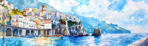 A watercolor painting of a colorful coastal town on a sunny day. White buildings with red tile roofs are nestled into a steep cliffside. A large, curved archway extends out into the water. A small boa photo