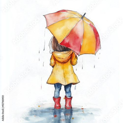 A Watercolor Painting of a little girl holding an umbrella in the rain with tree on white background