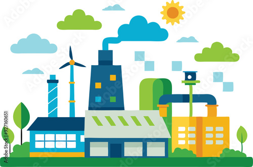 A colorful depiction of factories, wind turbines, and greenery under a bright sun, showcasing a sustainable industrial environment.