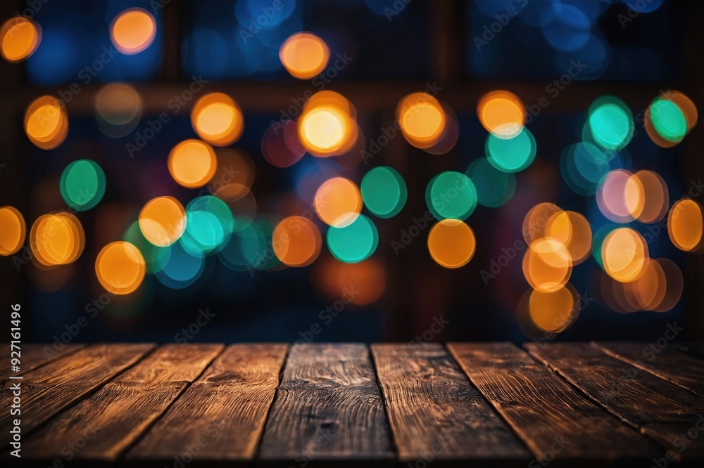 Wooden board empty table top on of blurred background. Perspective brown wood table over blur christmas tree Wooden board empty table top on of blurred background. Perspective brown wood table over blur christmas tree