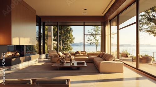 Modern Living Room Design  Large Window  Cozy Seating  and a Fireplace