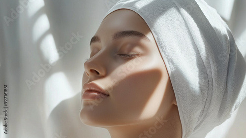 Serene Beauty Portrait with Natural Light, Showcasing Healthy and Glowing Skin in a Relaxing Spa Setting. Cosmetics photo, beauty industry advertising photo.